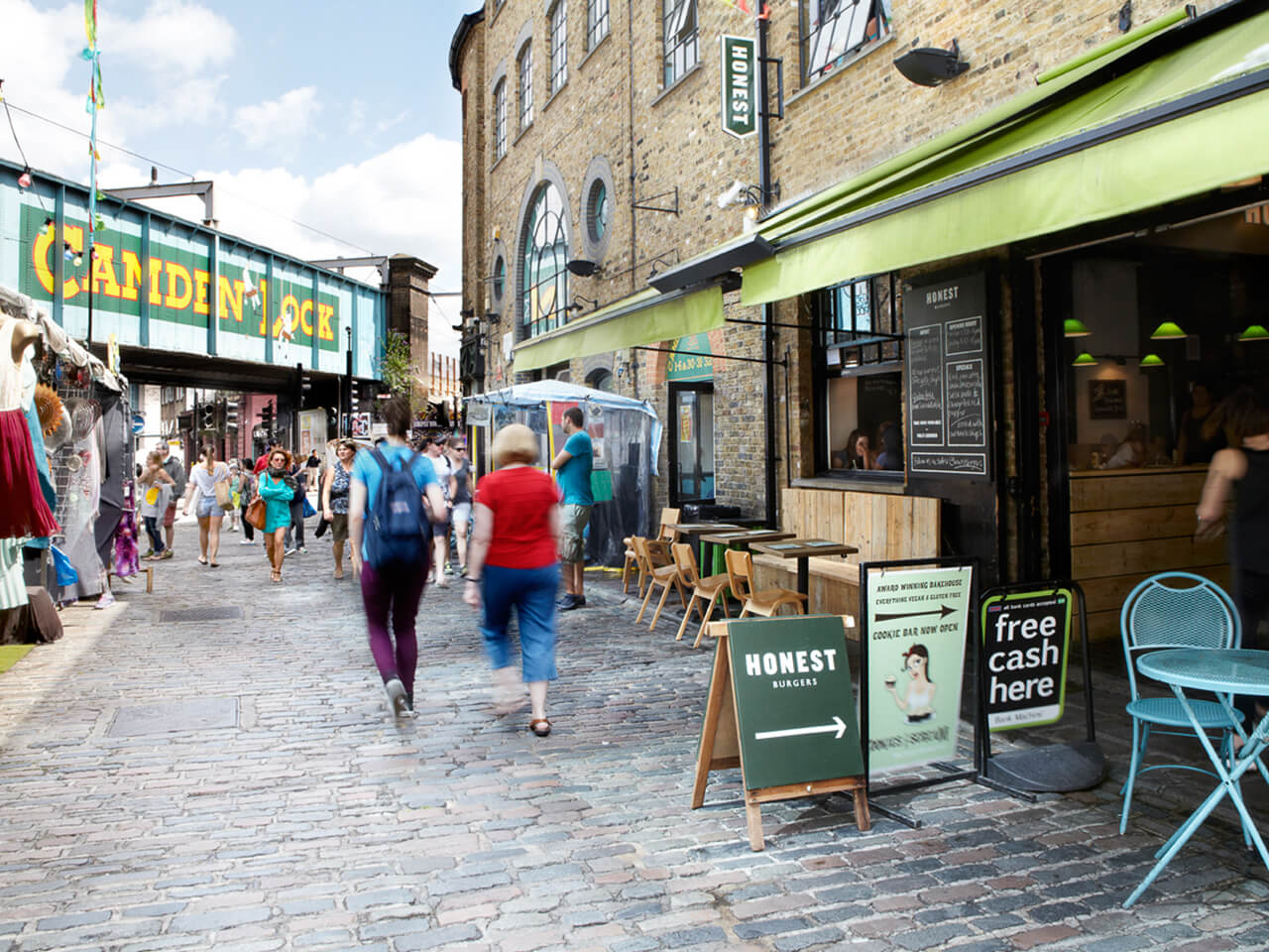 Outside of Honest Burgers Camden with Camden Lock in the background
