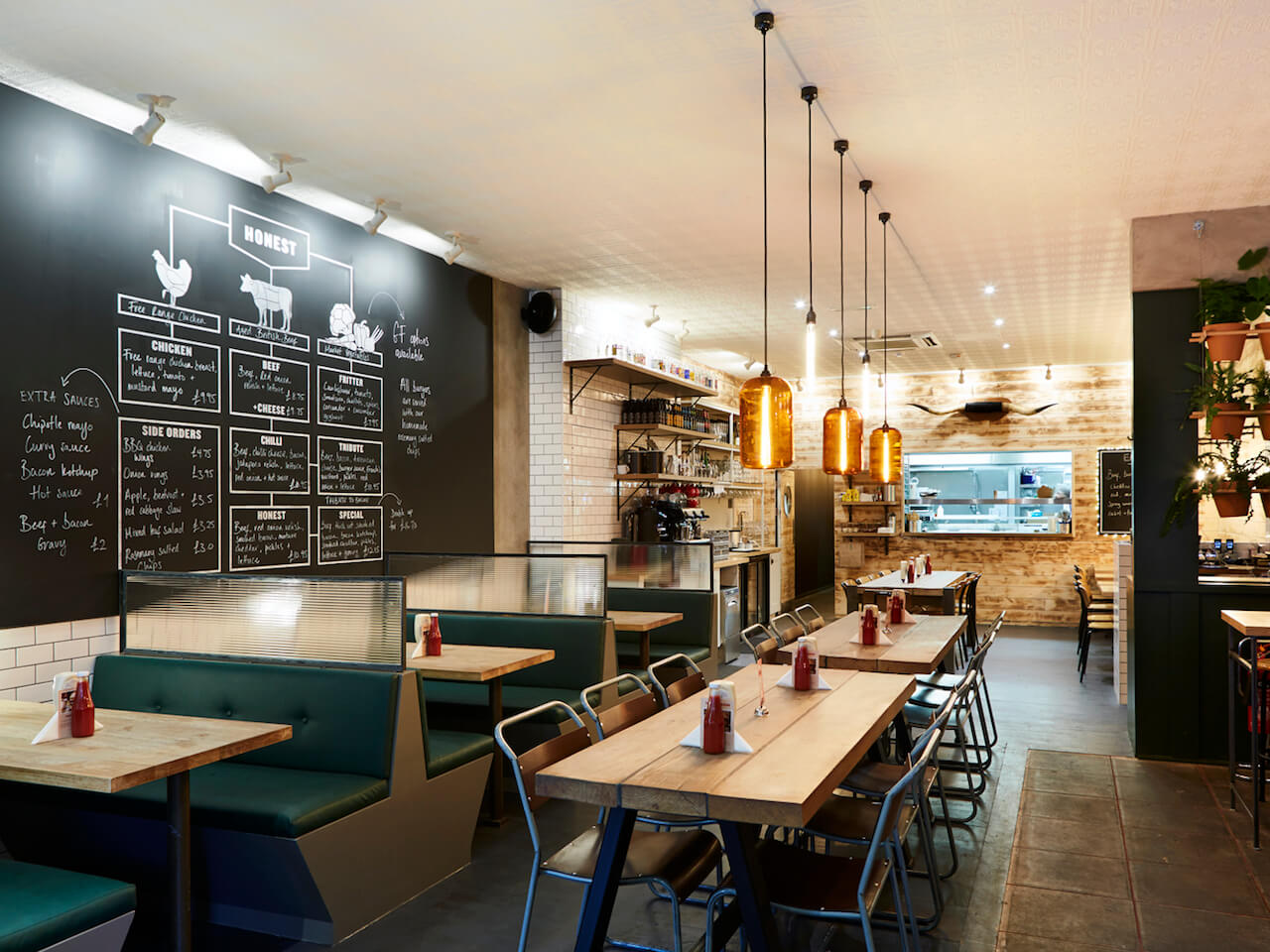 Tiled walls and large tables available at Honest Burgers Ealing