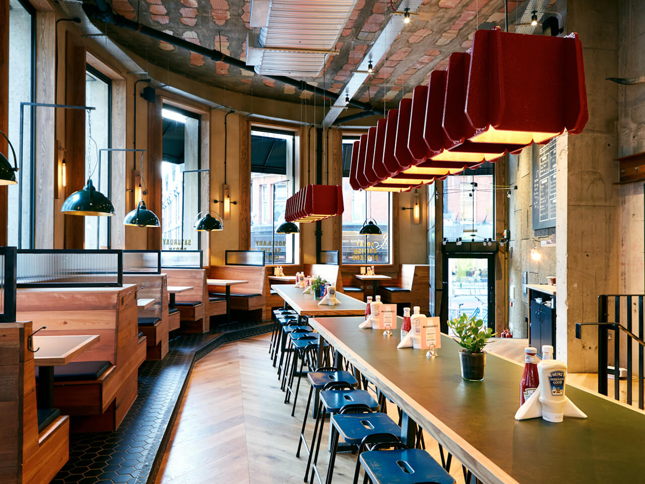 Booths in bottom section inside Honest Burgers Reading
