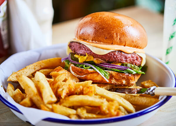 Vegan burger with chips
