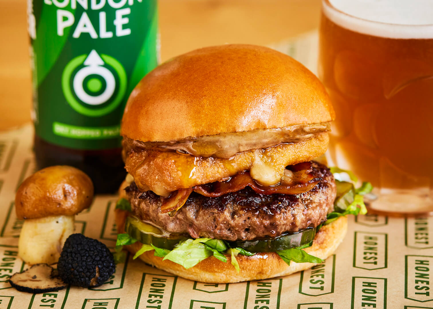 beef burger with bacon, deep-fried truffle fondue