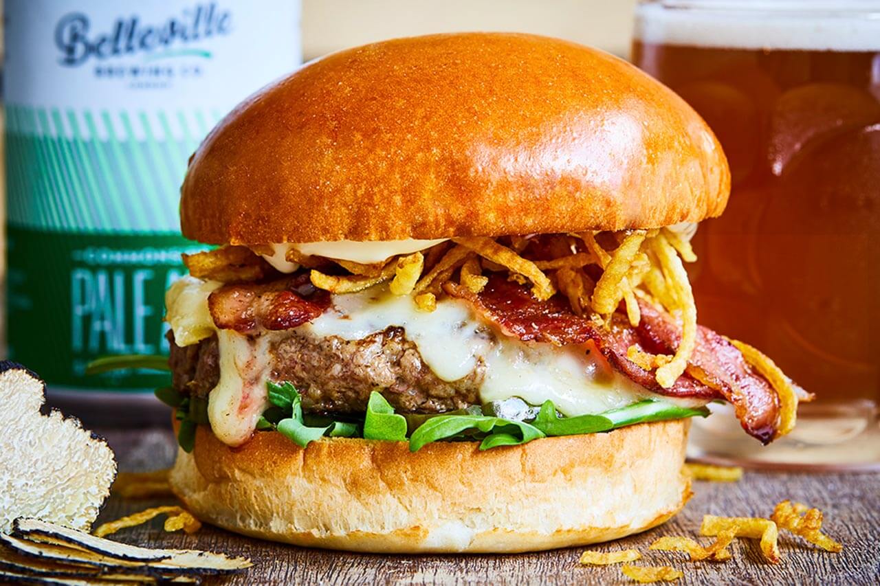beef burger with smoked bacon and Raclette cheese