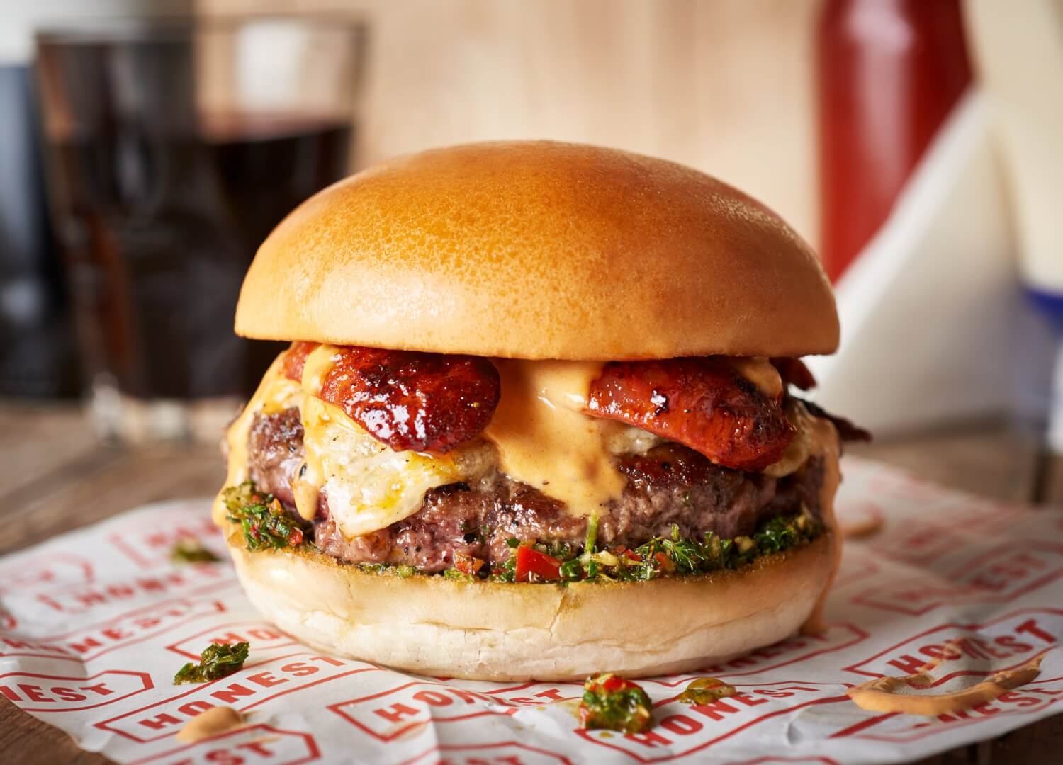 Chimichurri burger with chorizo and manchego cheese
