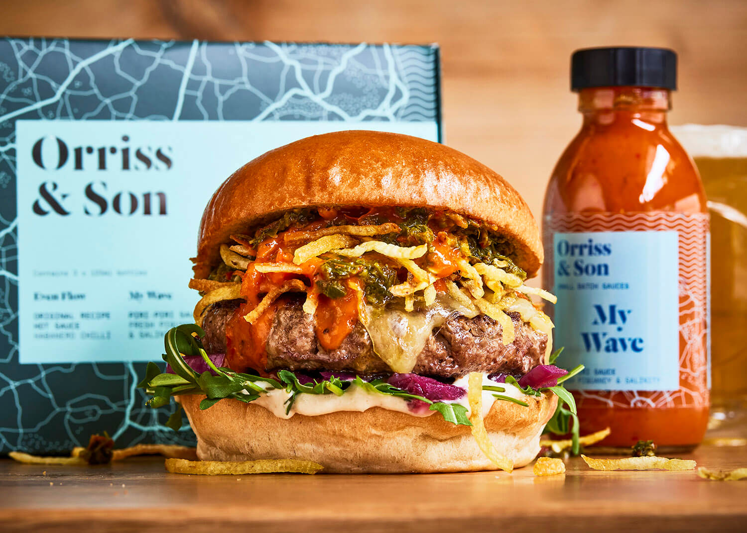 beef burger with cheese and piri-piri sauce