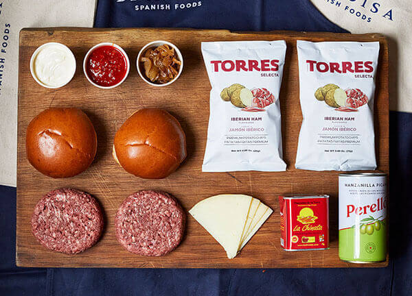 Honest Burgers Barcelona Burger Ingrdients on a Chopping Board