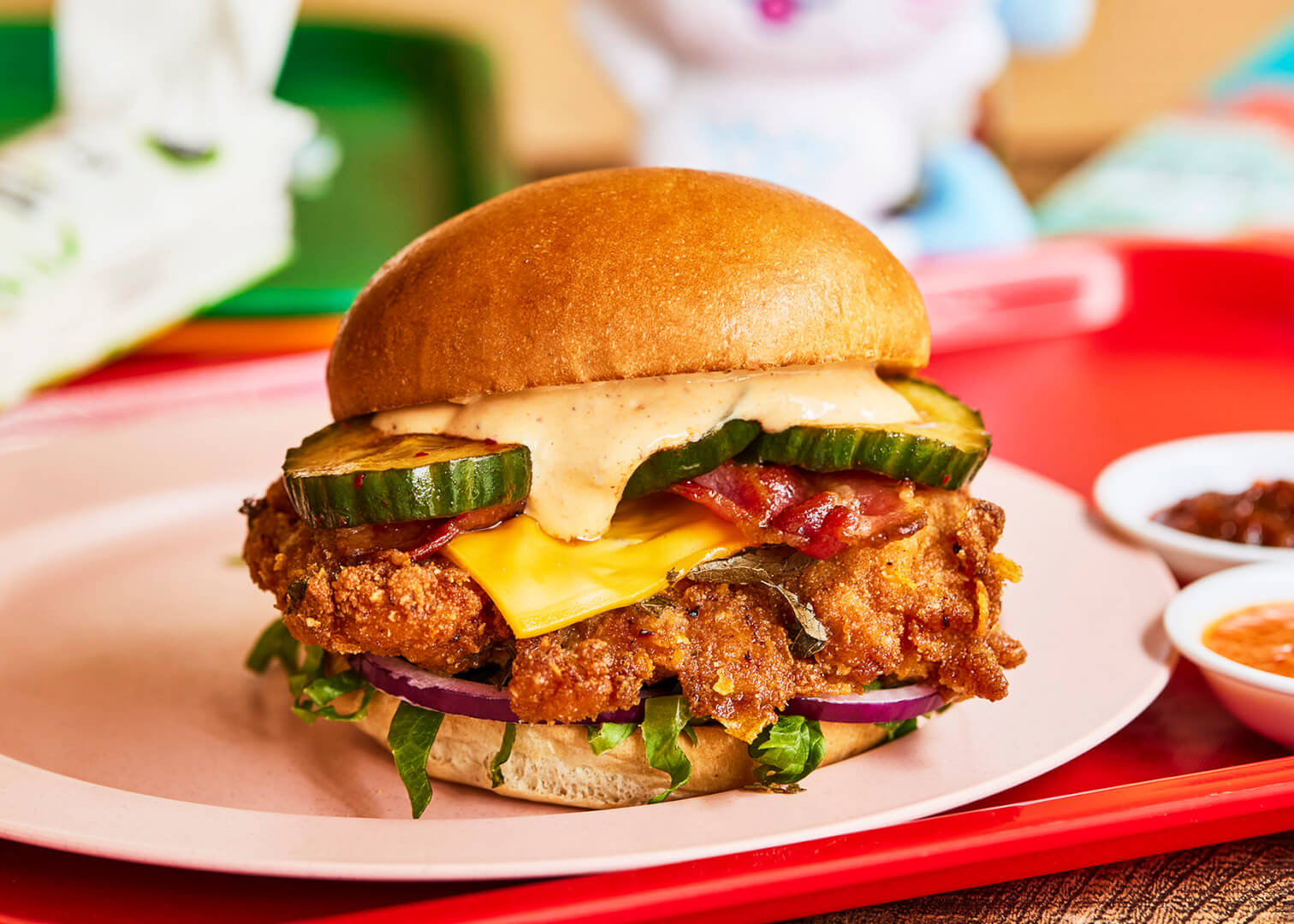 Singapore cereal fried chicken burger with sambal confit garlic mayo