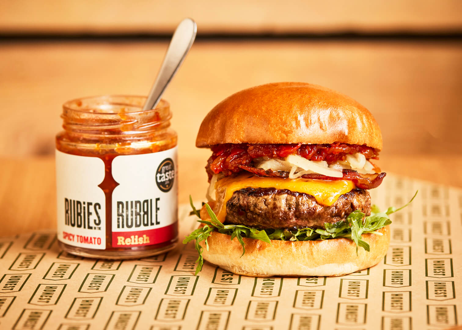 beef burger with bacon and Cheshire cheese