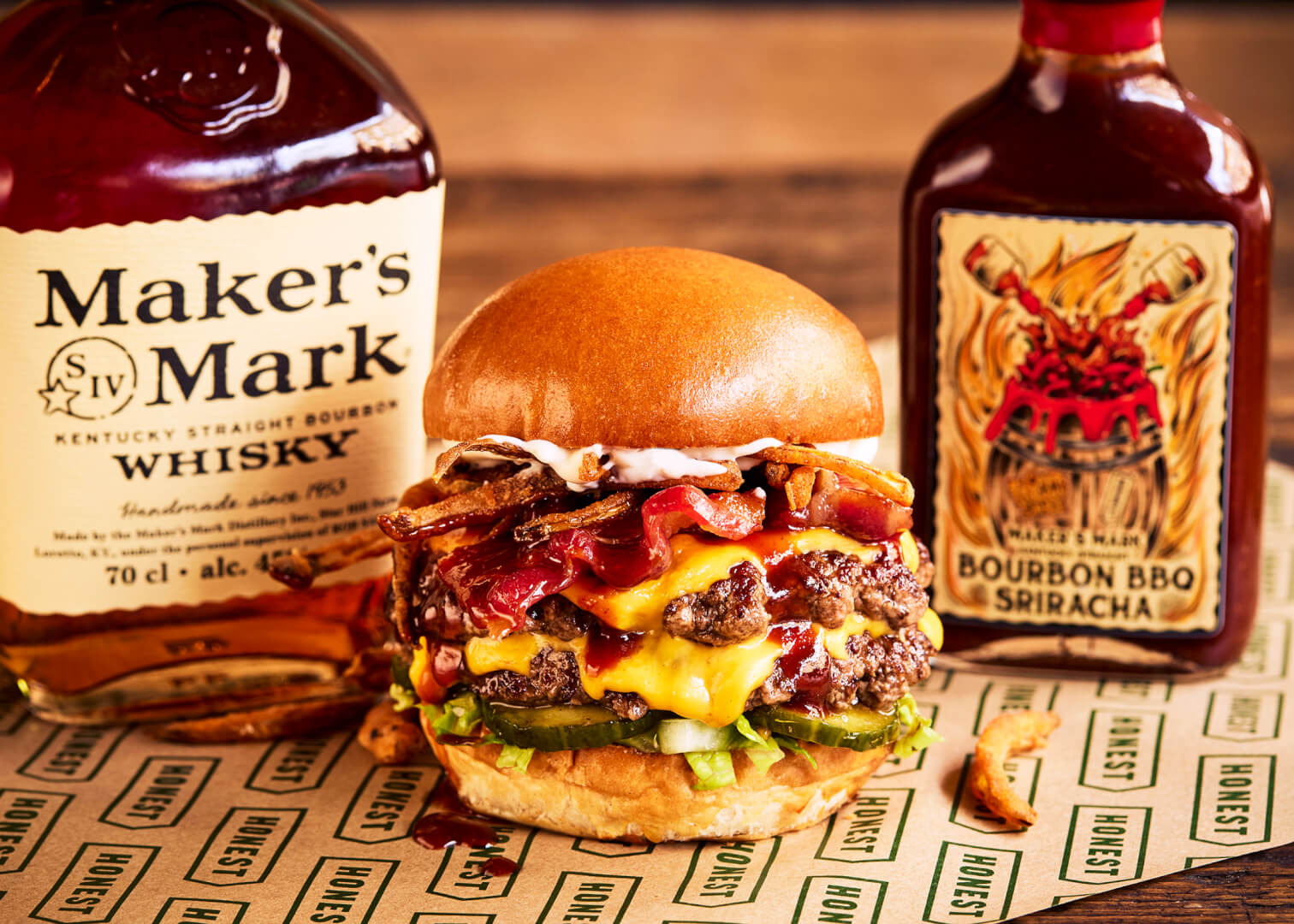 BBQ Sriracha burger with makers mark thicc sauce