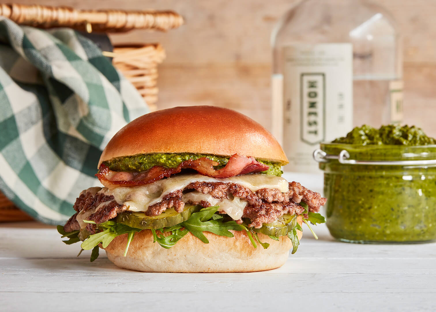 Double smash beef spring burger with pesto