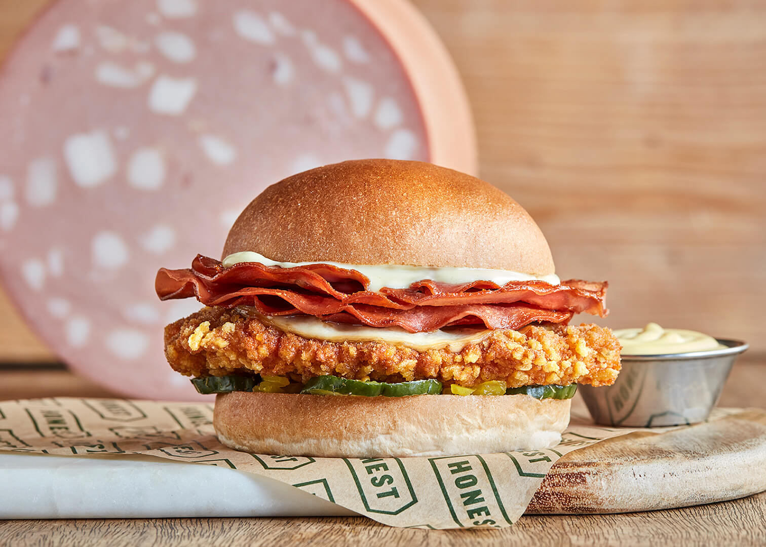Fried chicken mortadella burger