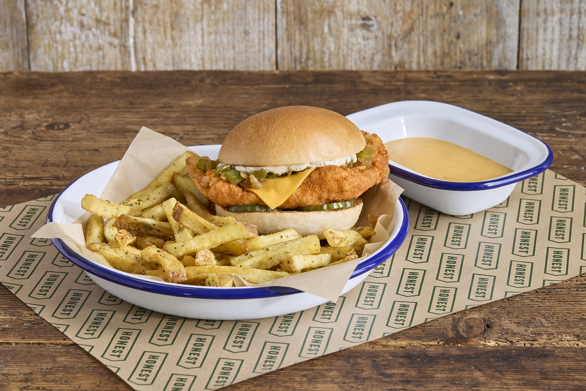 Honest Fried chicken philly cheese burger